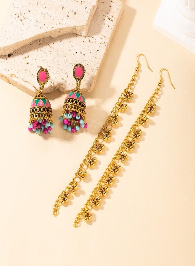 Cykdohy Vintage Indian Colorful Bell Tassel Dangle Drop Earrings for Women Boho Multicolor Jhumka Jhumki Stud Earring with Hair Chain Bohemian Ethnic Mexico Gypsy Bollywood Statement Fashion Jewelry - Image 4